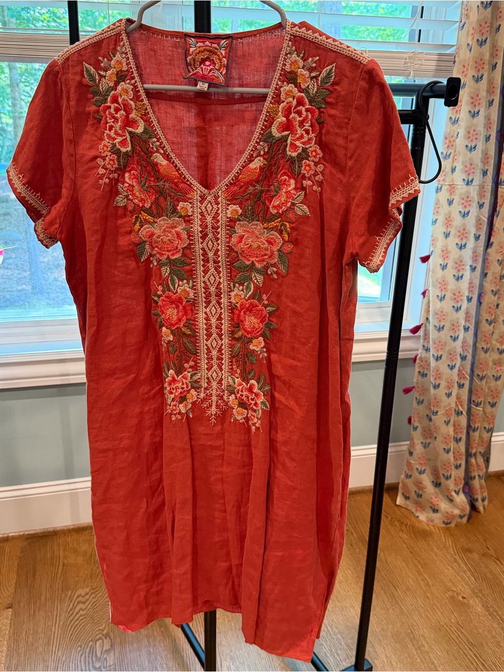 Johnny Was Paola Floral Embroidered Short-Sleeve Linen Tunic Dress Sz M